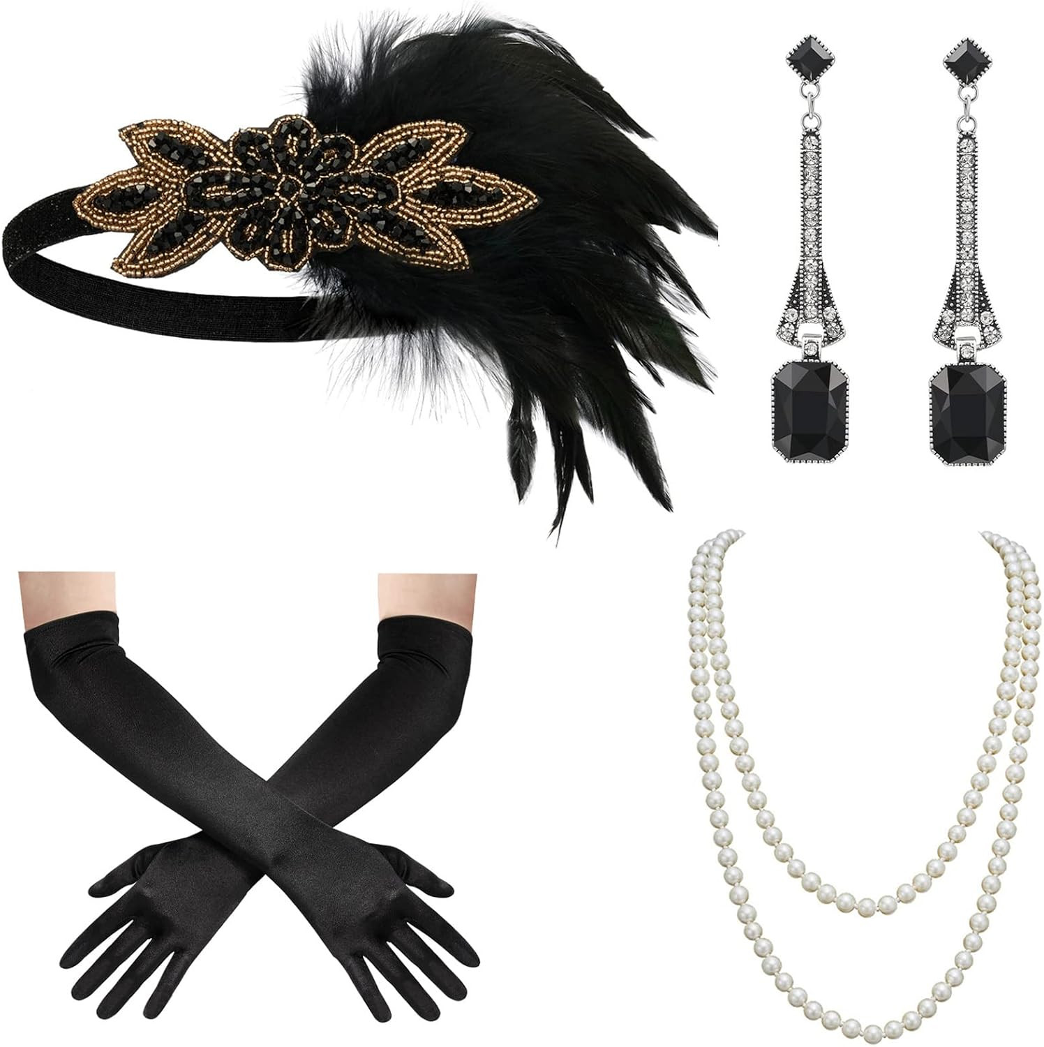 SWEETV 1920s Great Gatsby Accessories Set for Women, Flapper Headband Headpiece Roaring 20s Costume Accessories Set | Amazon (US)