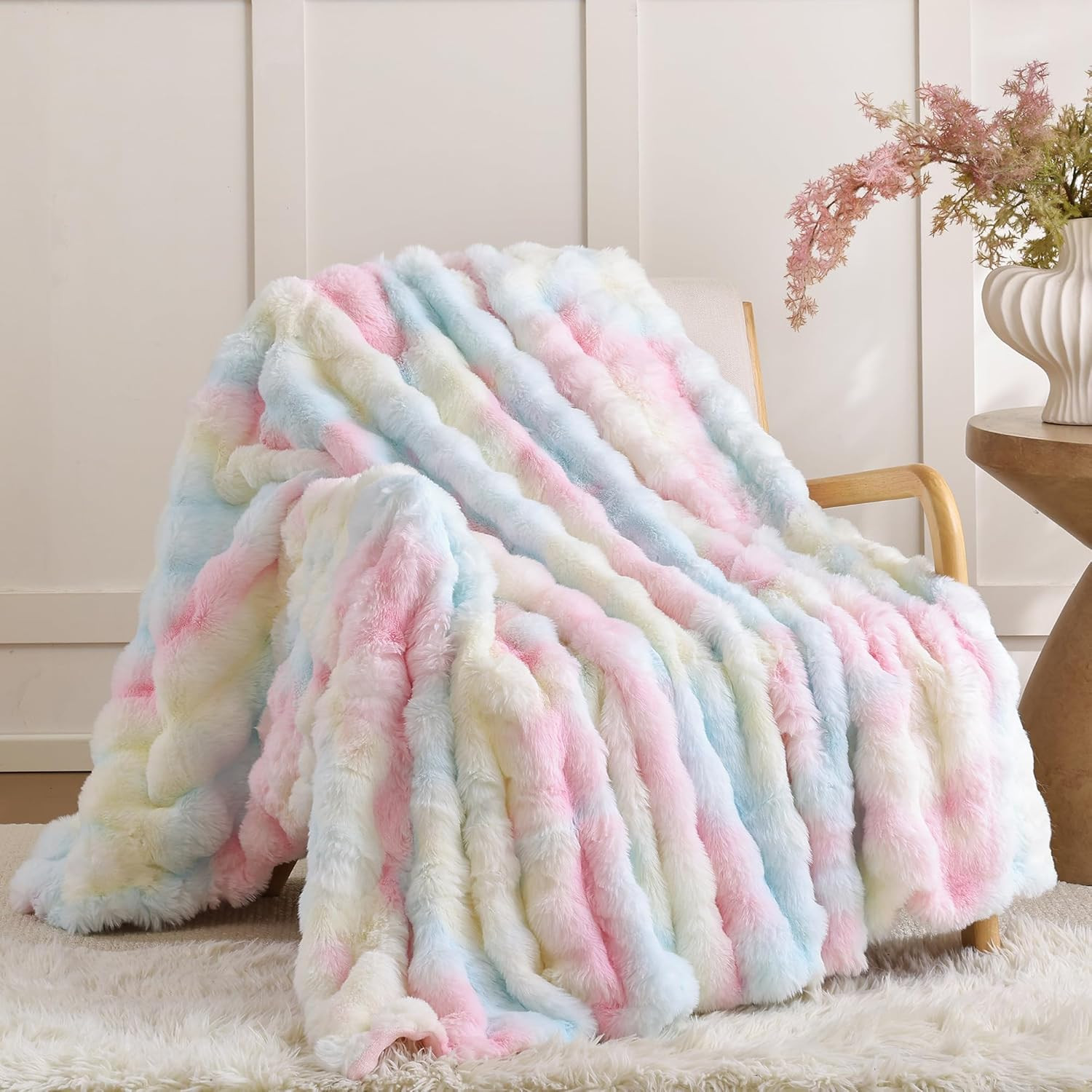 Smoofy Faux Fur Throw Blanket for Couch – Rainbow Fluffy Cozy Rabbit Fleece, Plush Soft Bubble ... | Amazon (US)
