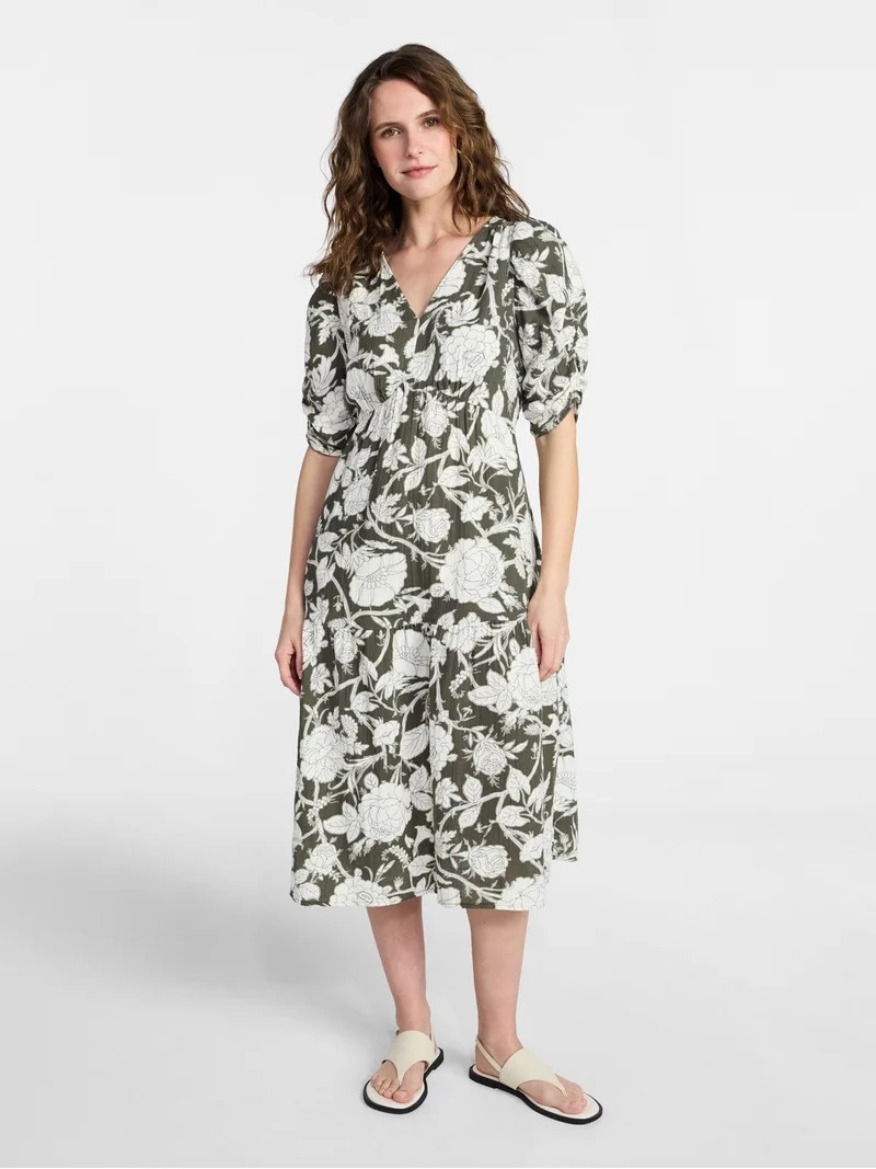 Time and Tru Women's Cotton Tiered Midi Dress with Elbow Length Sleeves, Sizes XS-XXXL | Walmart (US)