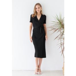 Self-Tie Bowknot Bodycon Knit Wrap Dress in Black | Chicwish
