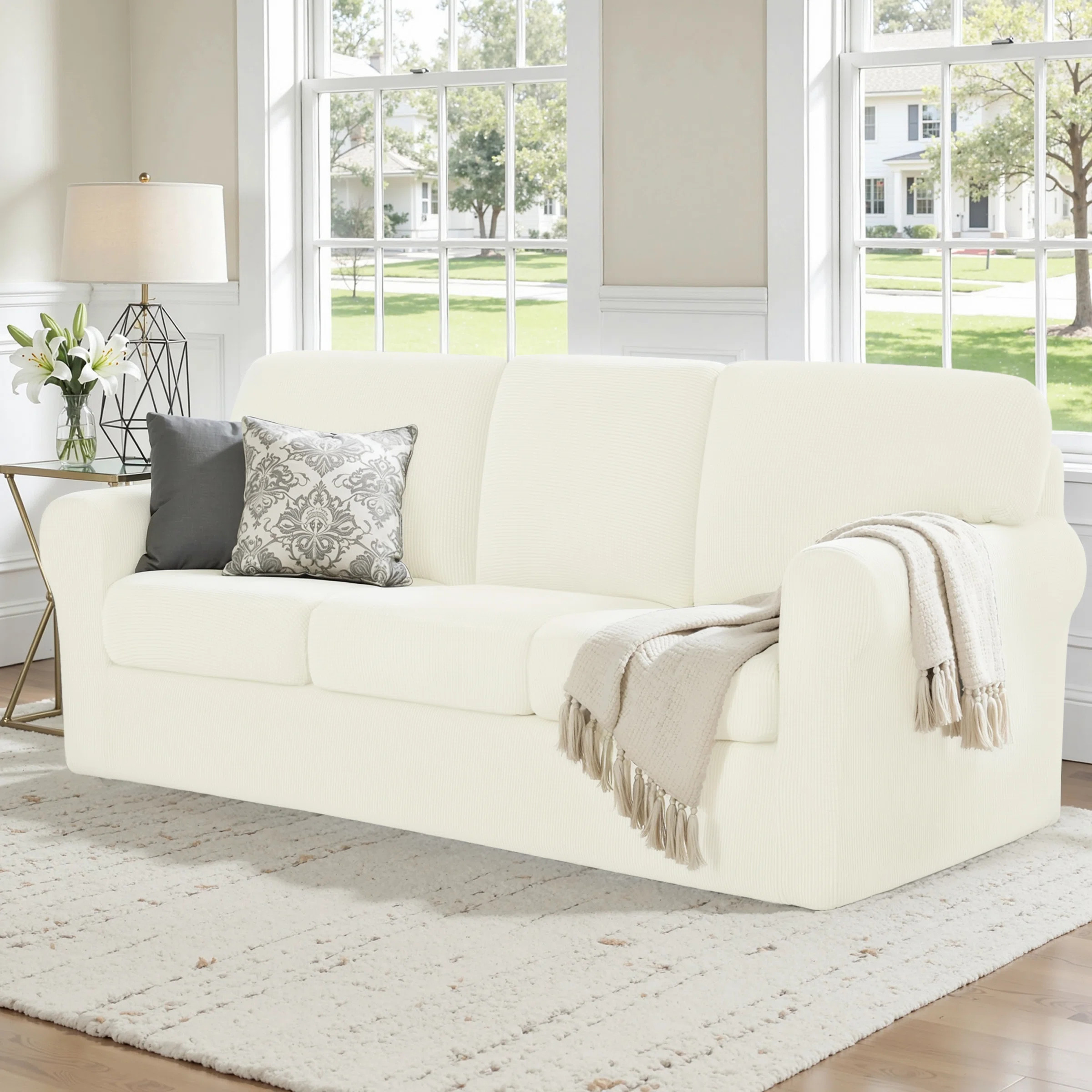 Manoel Elastic Textured Grid Combination Box Cushion Sofa Slipcover | Wayfair North America