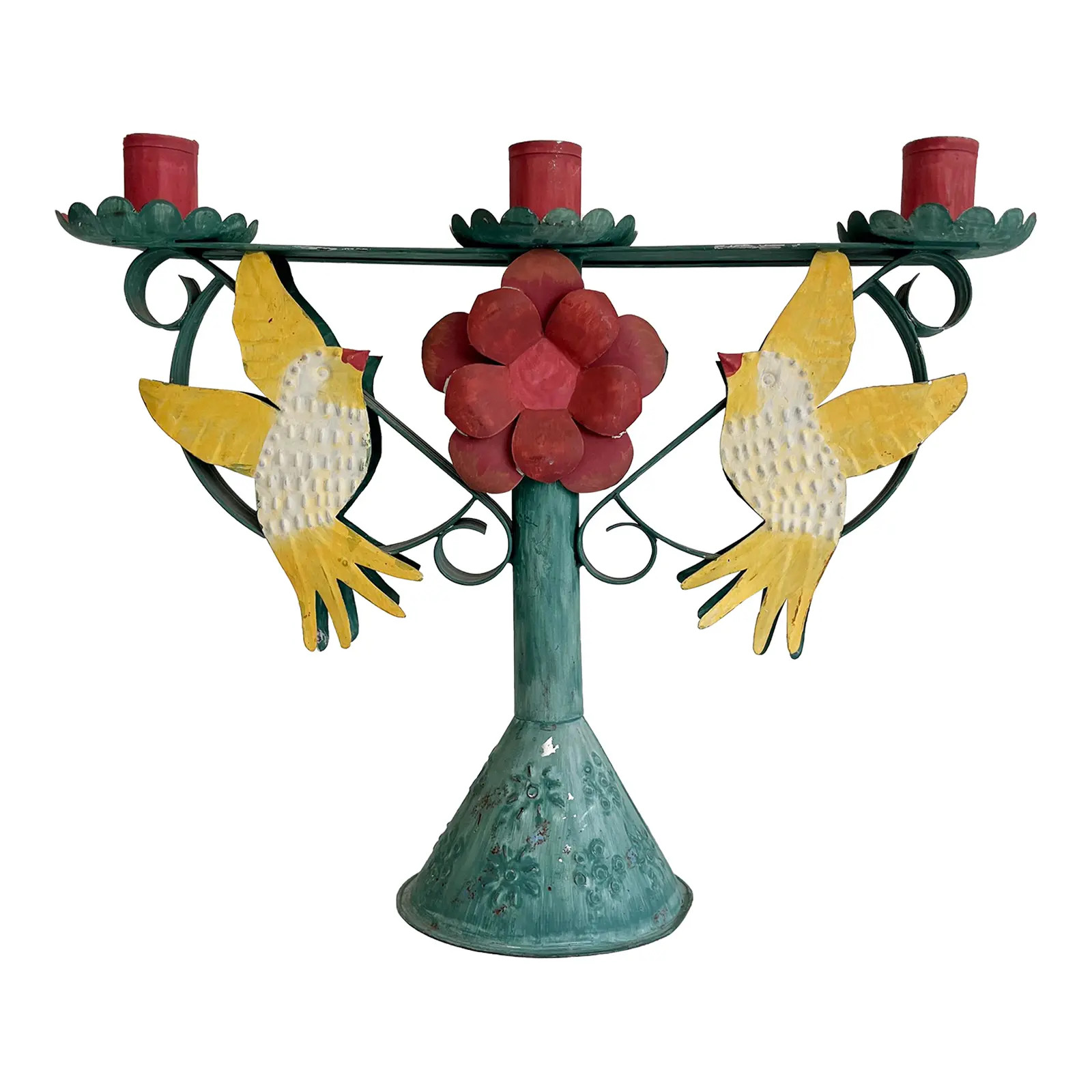 Mid-Century Folk Mexican Painted Tin Candelabra | Chairish