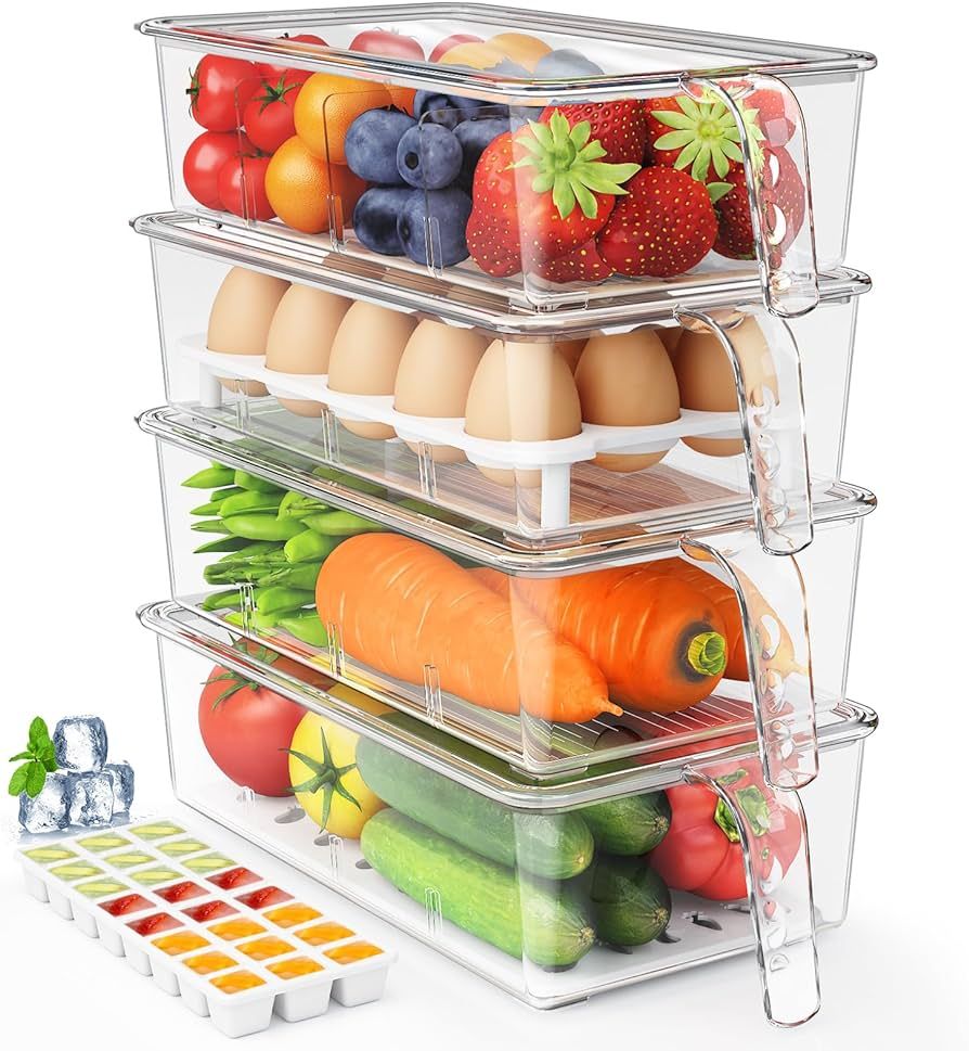 4 Pack Fridge Organizers and Storage,Clear Refrigerator Organizer Bins with Lids,Egg Container,Ic... | Amazon (US)