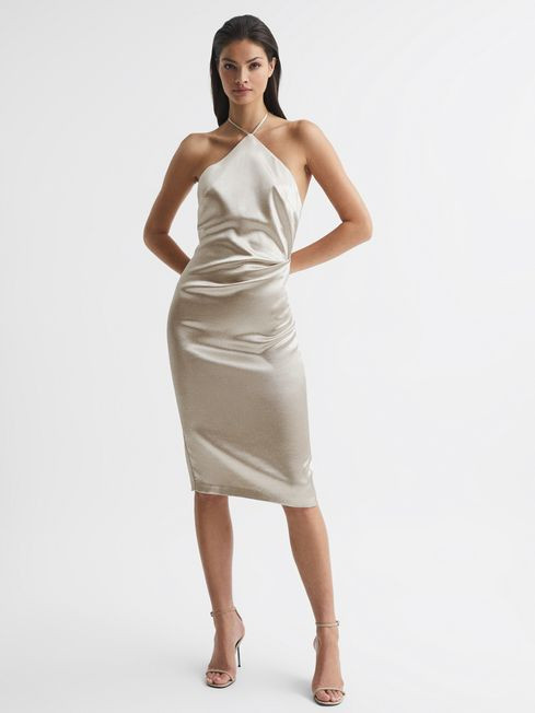 Reiss Silver Farah Metallic Halterneck Occasion Dress | Reiss (UK)