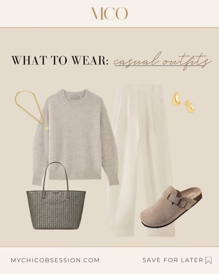 Pull out your Birkenstock Boston clogs from your fall looks for this spring outfit. Style them for the new season with wide-legged trousers, an alpaca crew sweater from Everlane, a classic printed tote, gold teardrop earrings and a gold necklace.

#LTKstyletip #LTKSeasonal