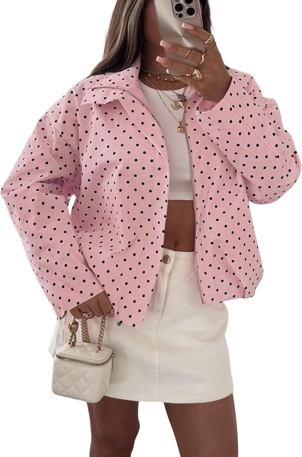 Dqbeng Womens Polka Dot Jacket Zip Up Oversized Lightweight Fall Outerwear | Amazon (US)
