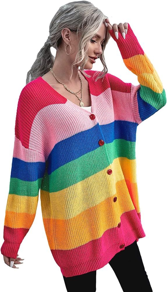 Floerns Women's Rainbow Striped Print Button Front Long Sleeve Cardigan Sweater | Amazon (US)