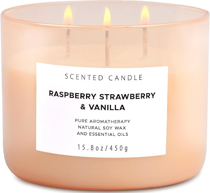 Raspberry Strawberry Vanilla 3-Wick Scented Soy Candle 15.8 oz | Large Sweet Berry Vanilla Scente... | Amazon (US)
