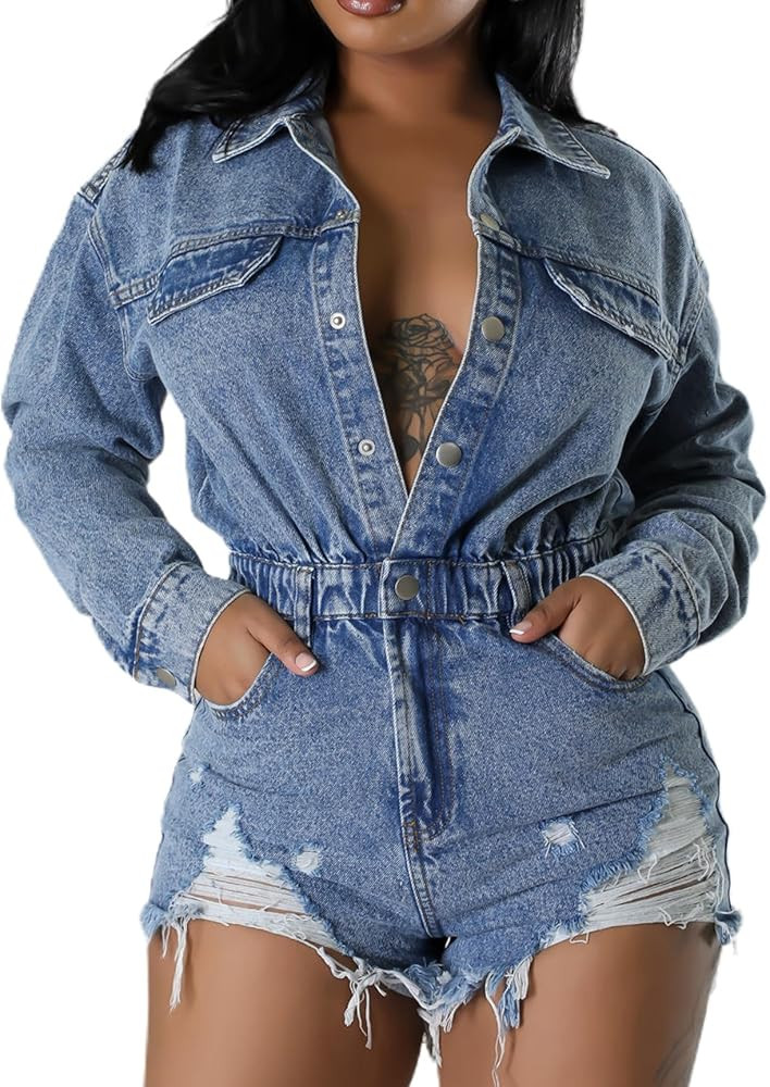 Women's Baggy Ripped Distressed Short Denim Jumpsuit Long Sleeve Button Down Vintage Jean Jumpsui... | Amazon (US)