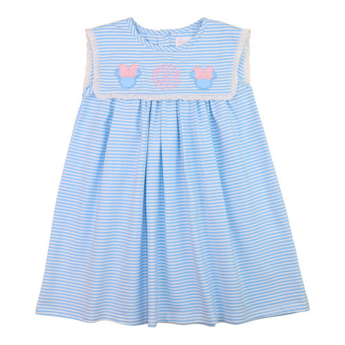 Blue Stripe Knit Eyelet Applique Mouse Ears Dress | Cecil and Lou