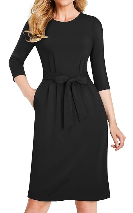 HOMEYEE Women's Casual 3/4 Sleeve Church Business Belt Dress B462 | Amazon (US)