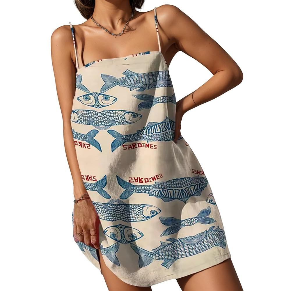Womens Spaghetti Strap Sardine Fish Beach Cami Dress Summer Boho Floral Mini Sundress Casual Slee... | Amazon (US)