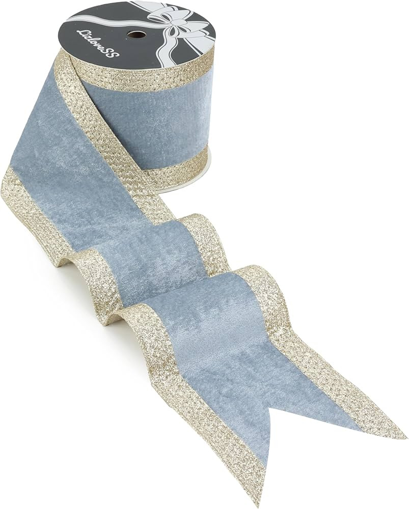 4" Dusty Blue Christmas Velvet Wired Ribbon with Champagne Gold Glitter Stripe Edges - 10 Yards R... | Amazon (US)