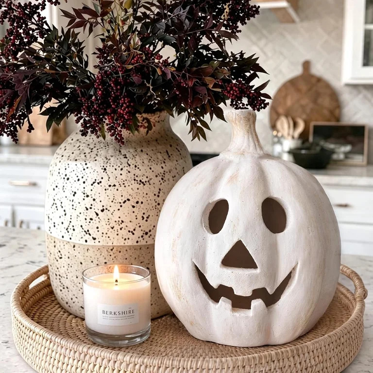 Fall Decor - Halloween Decorations - 5.9"H White Handmade Resin Pumpkin Jack O' Lantern with Flam... | Walmart (US)