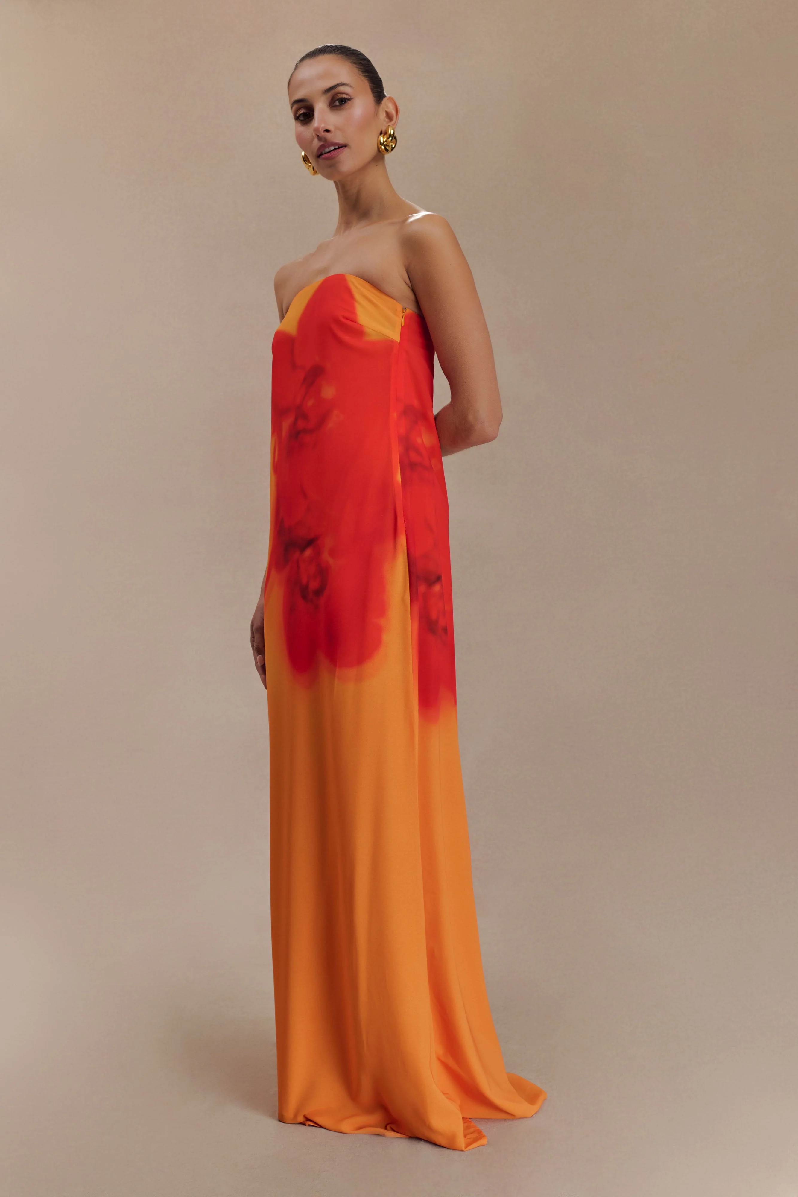 Strapless Chiffon Maxi Dress - Koi Orchid Print | MESHKI US
