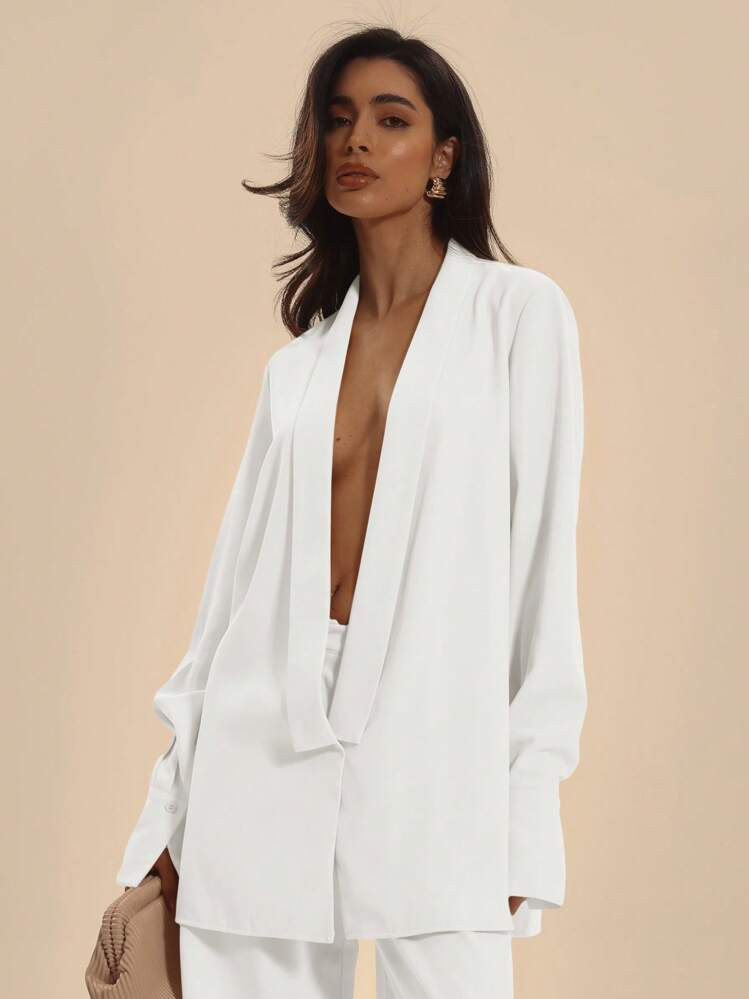 MUSERA Oversized Extreme Sexy Elegant Plunge Front Wrap Front Tailored Long Sleeve Shirt Only Prom Vacation Occasion Graduation Holiday Going Out Tops Winter Valentines Day Spring Summer | SHEIN