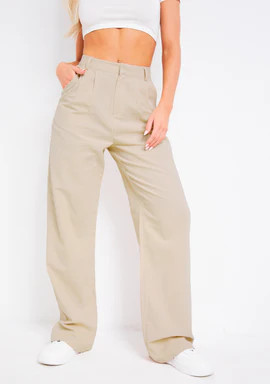 Astra Beige Linen Look Tailored Trousers | Missy Empire (UK)