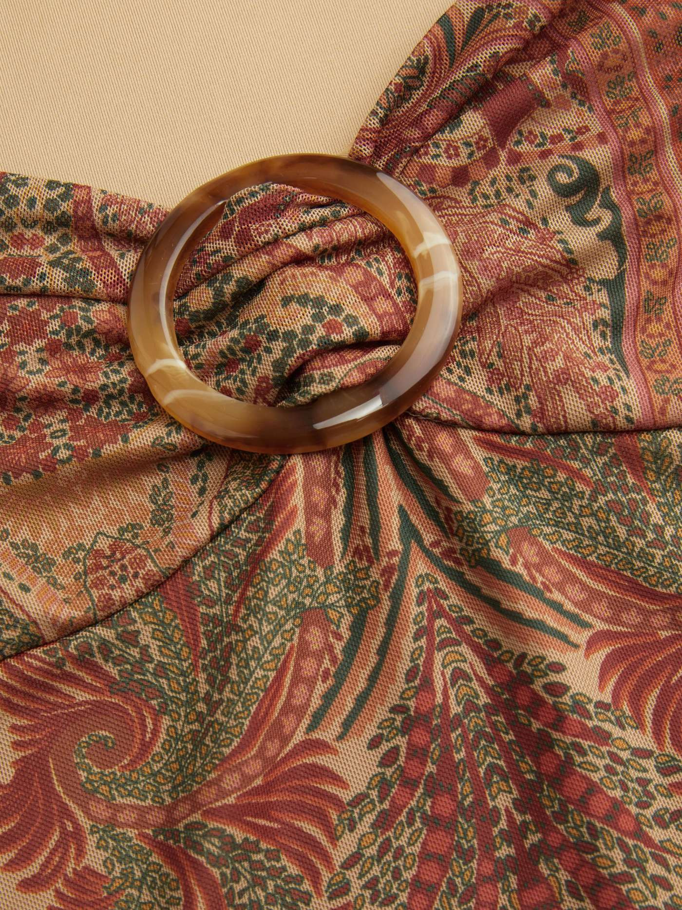 Mesh Mesh Sweetheart Neck Paisley O-Ring Ruffle Hem Mini Dress For Daily Casual Vacation | Cider