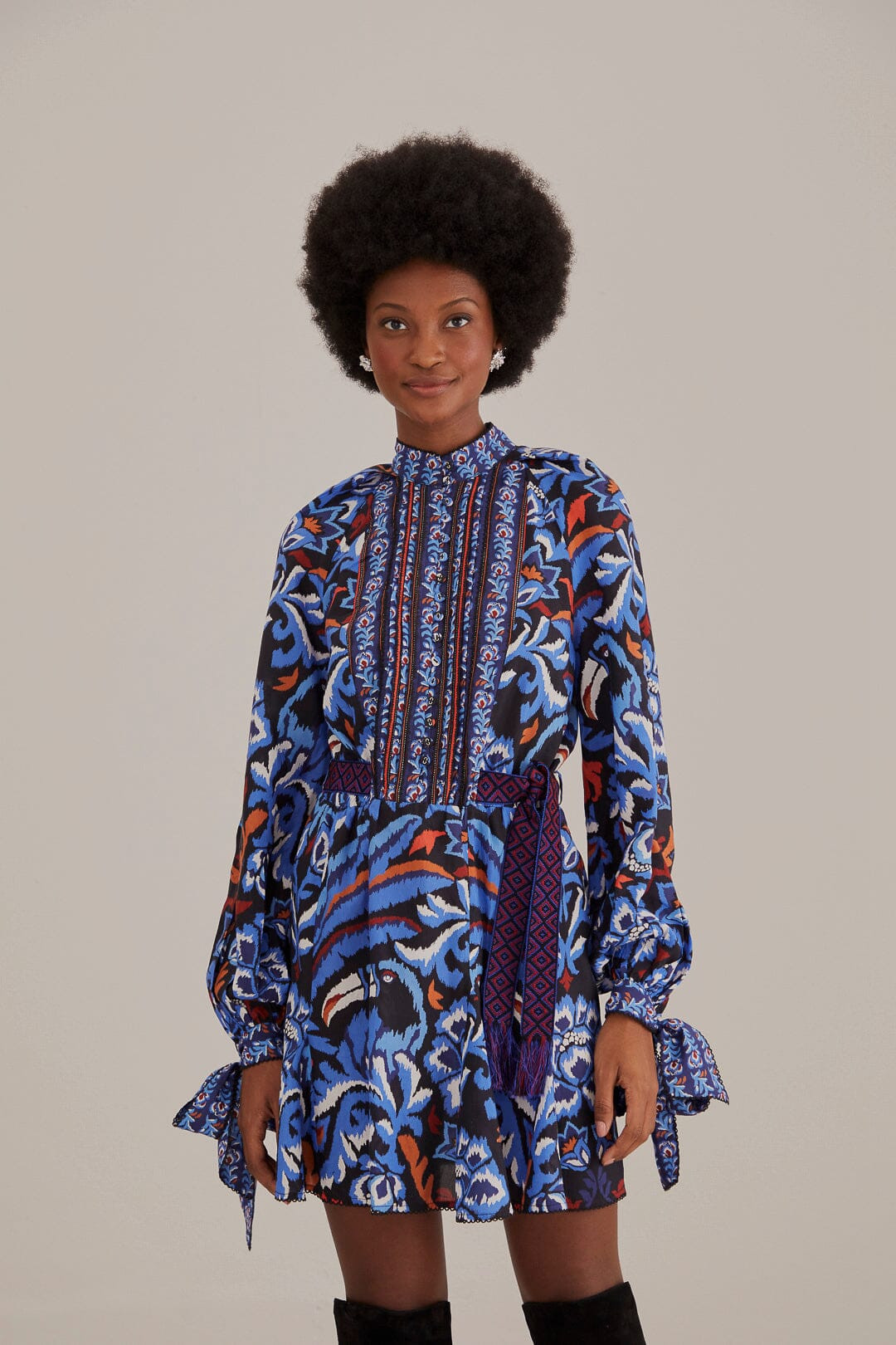 Black Toucans Scarf Long Sleeve Mini Dress | FarmRio (US)
