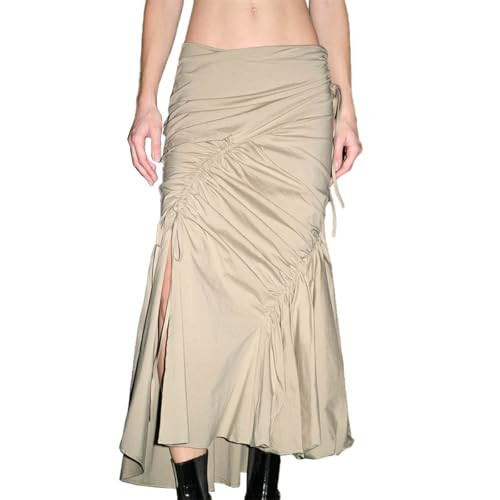 URBAN REVIVO Women's Skirts Summer Drawstring Ruched Midi Skirt with Slit Asymmetrical Trendy 2025 Khaki, X-Small | Amazon (US)