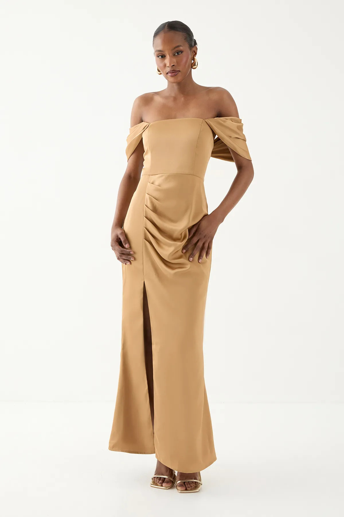 Bronze MISSPAP Bardot Ruched Satin Bridesmaid Dress | Nasty Gal USA | Nasty Gal US