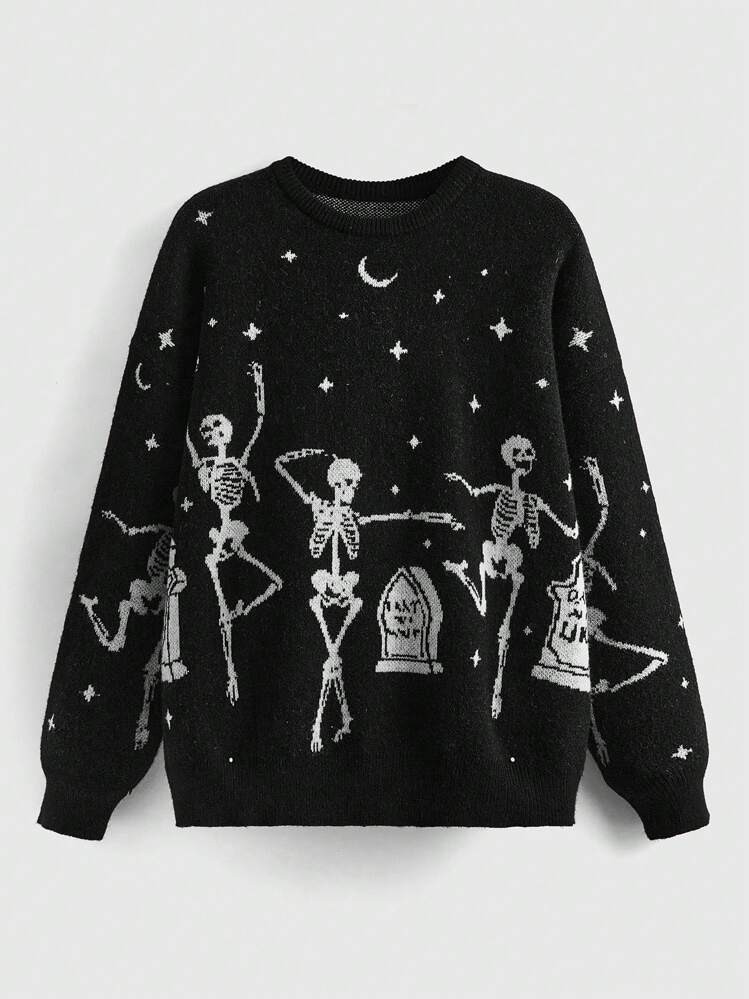 ROMWE Hippie Plus Size Women Skull Jumping Gothic Style Pullover Sweater, Autumn/Winter | SHEIN