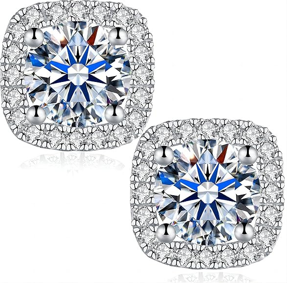 Tunzug Square Halo 2ct / Double Moissanite Stud Earrings 18K White Gold Plated 925 Sterling Silve... | Amazon (US)