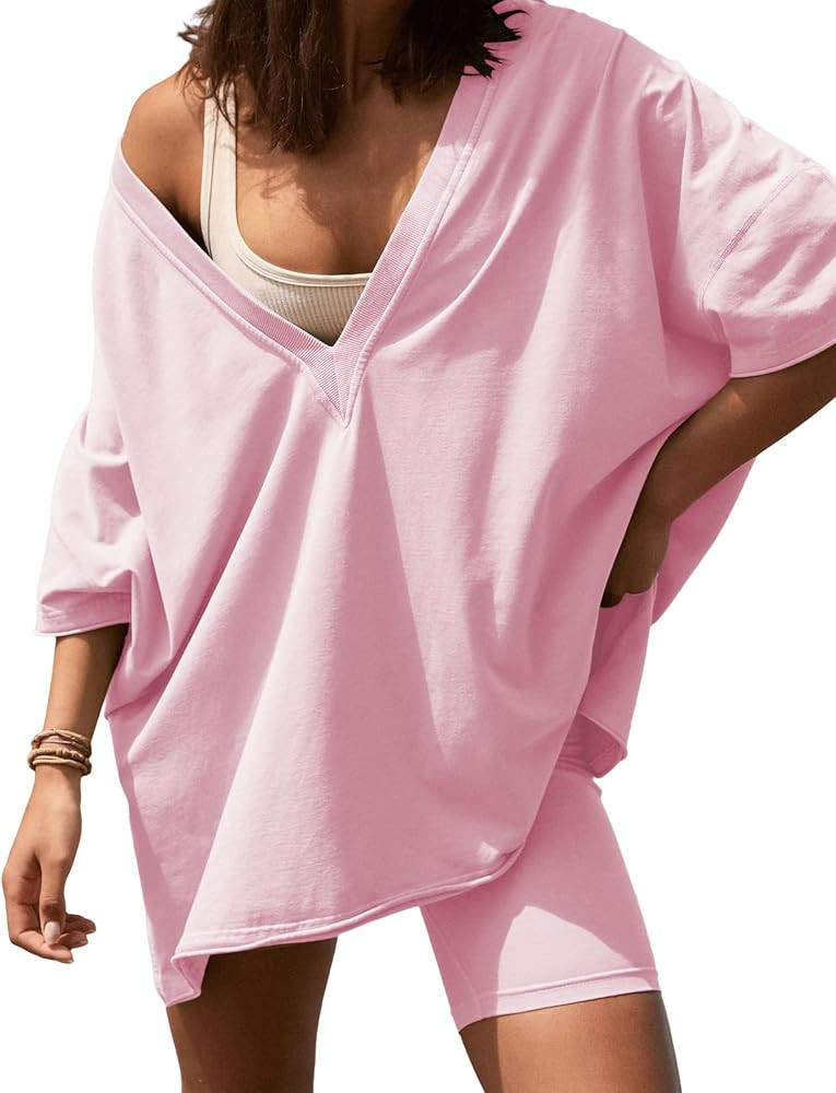 2 Two Piece Outfits for Women Summer Oversized Workout V Neck T Shirts Biker Shorts Matching Sets | Amazon (US)