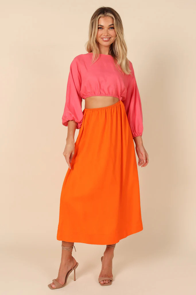 Affection Mid Sleeve Waist Cutout Midi Dress - Pink/Orange | Petal & Pup (US)