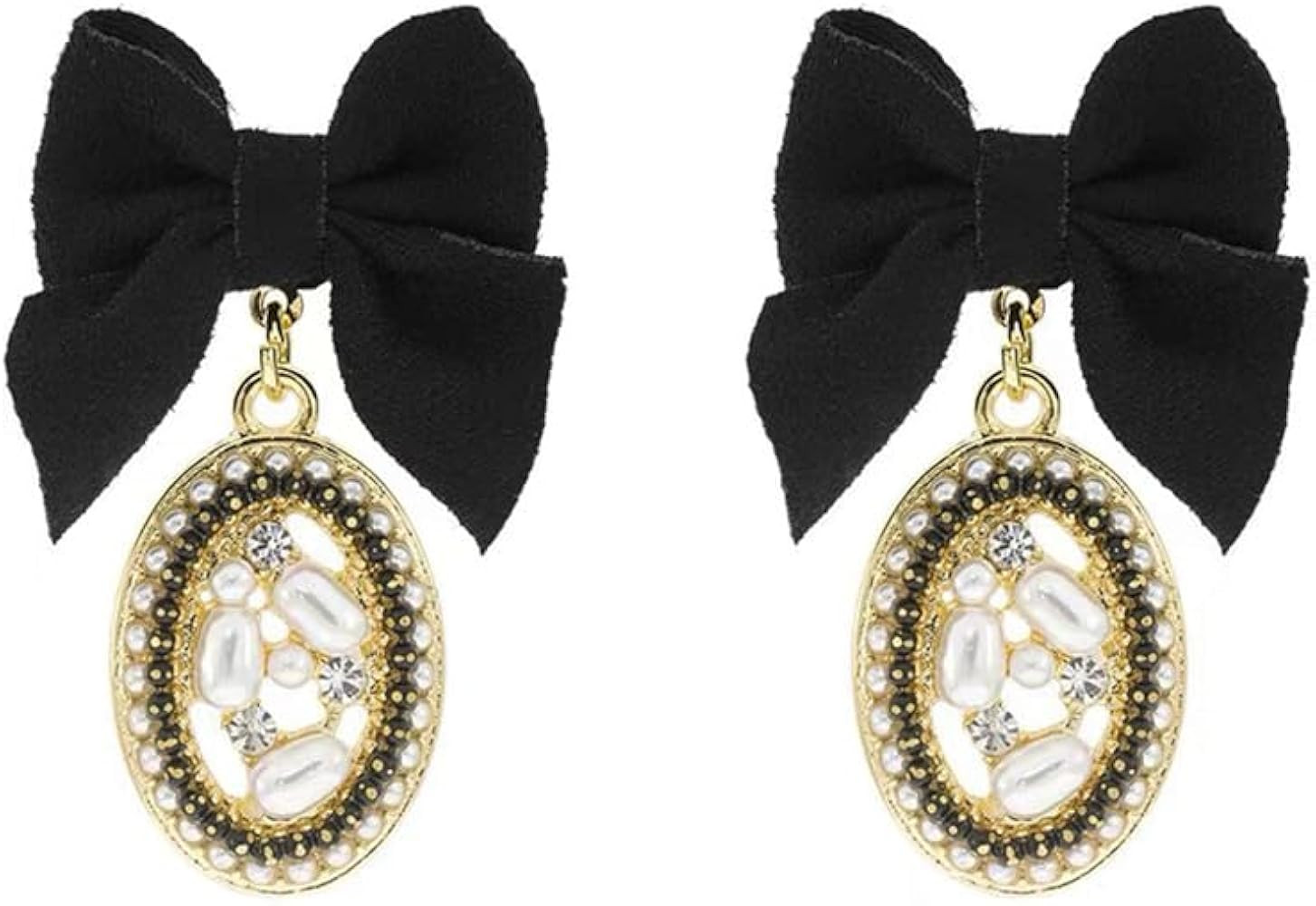 Vintage Black Bow CZ Pearl Oval Shaped Small Dangle Drop Earrings for Women 925 Sterling Silver P... | Amazon (US)