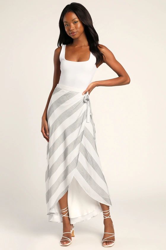 Golden Sunset Grey and White Striped Wrap Maxi Skirt | Lulus (US)