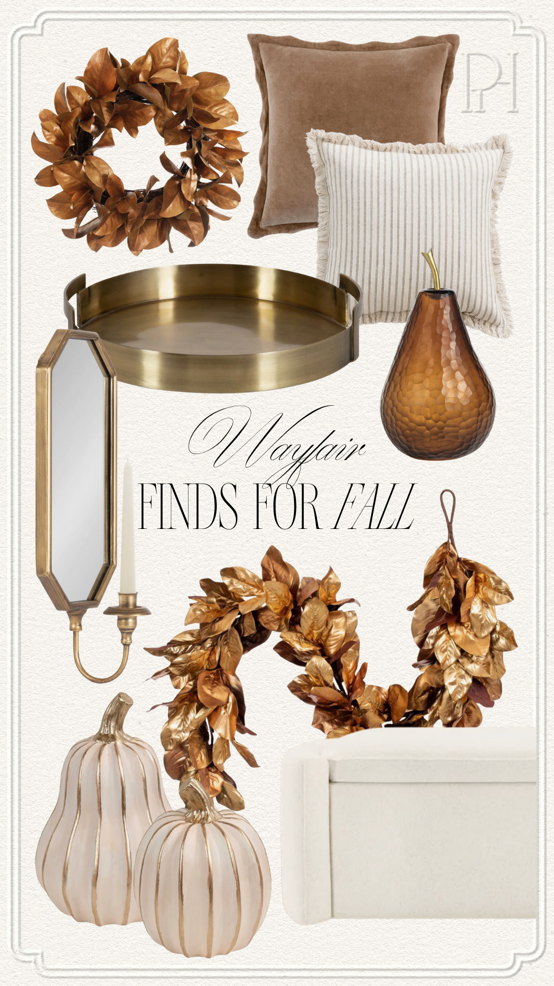 Wayfair finds I'm loving for fall!

fall decor, fall accents, home decor, home accents, magnolia leaf wreath, magnolia leaf garland, gold leaf garland, fall wreath, fall garland, decorative tray, gold tray, brass tray, brown pillow, throw pillows, accent pillows, striped pillow, wall sconces, candle holder sconces, neutral pumpkins, white and gold pumpkins, storage bench, white bench, pears, pear decor 

 #LTKSeasonal #LTKHome