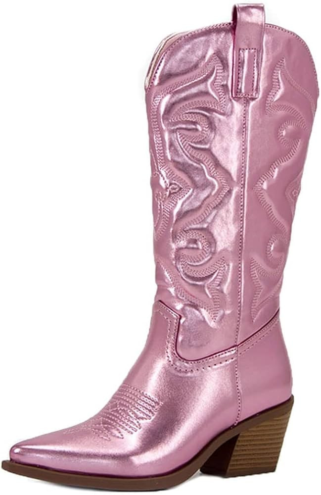 Mattiventon Cowboy Boots for Women Metallic Embroidered Cowgirl Mid Calf Boots Western Sparkly Co... | Amazon (US)