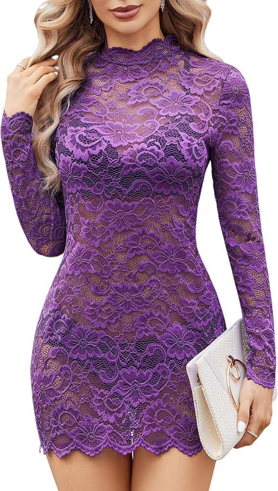 Avidlove Womens Sheer Lace Dress Sexy Long Sleeve Dress See Through Lingerie Short Mini Dresses f... | Amazon (US)