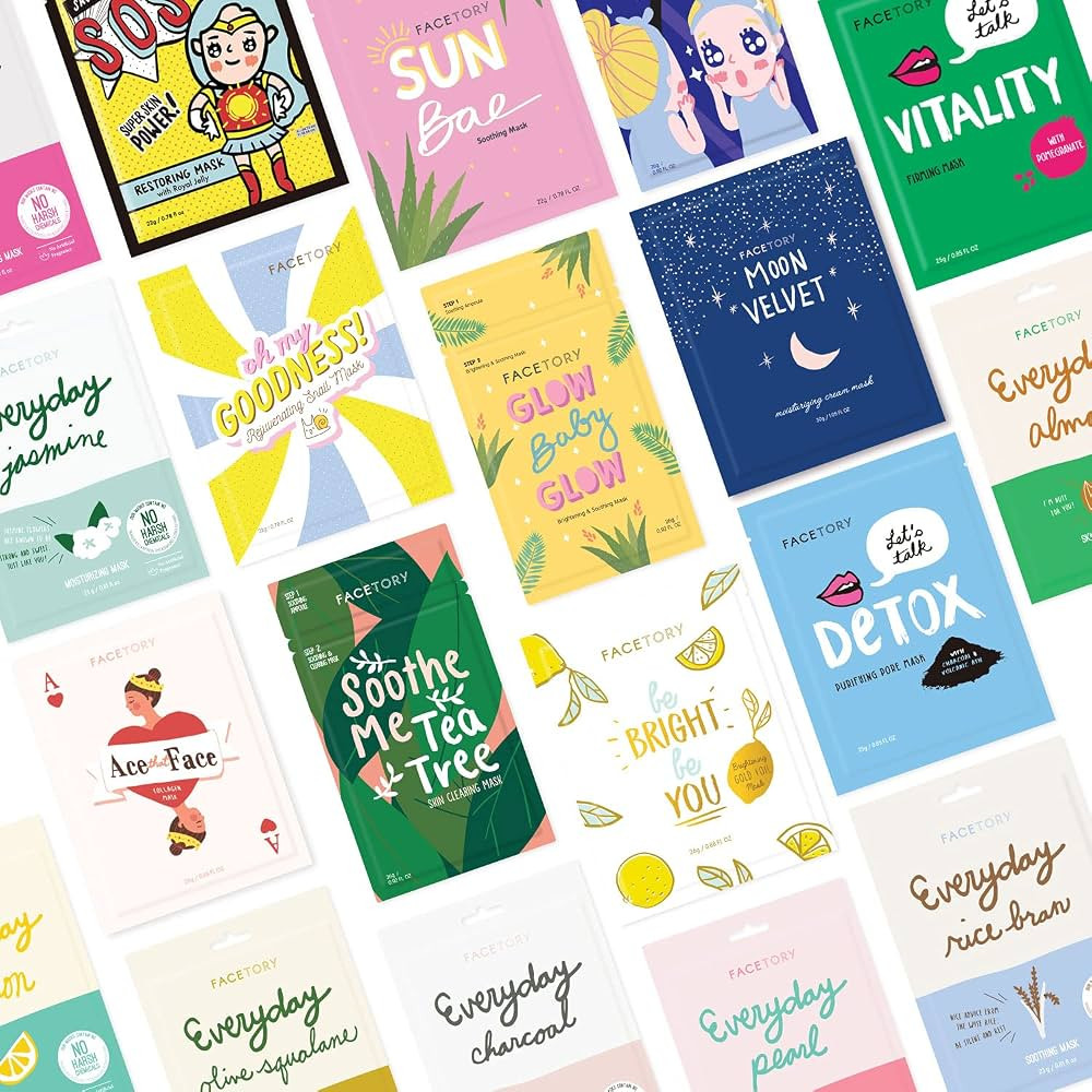 FACETORY 19 Facial Sheet Mask Collection - Korean Skin Care Sheet Mask Pack of 19 - Hydrating, Mo... | Amazon (US)