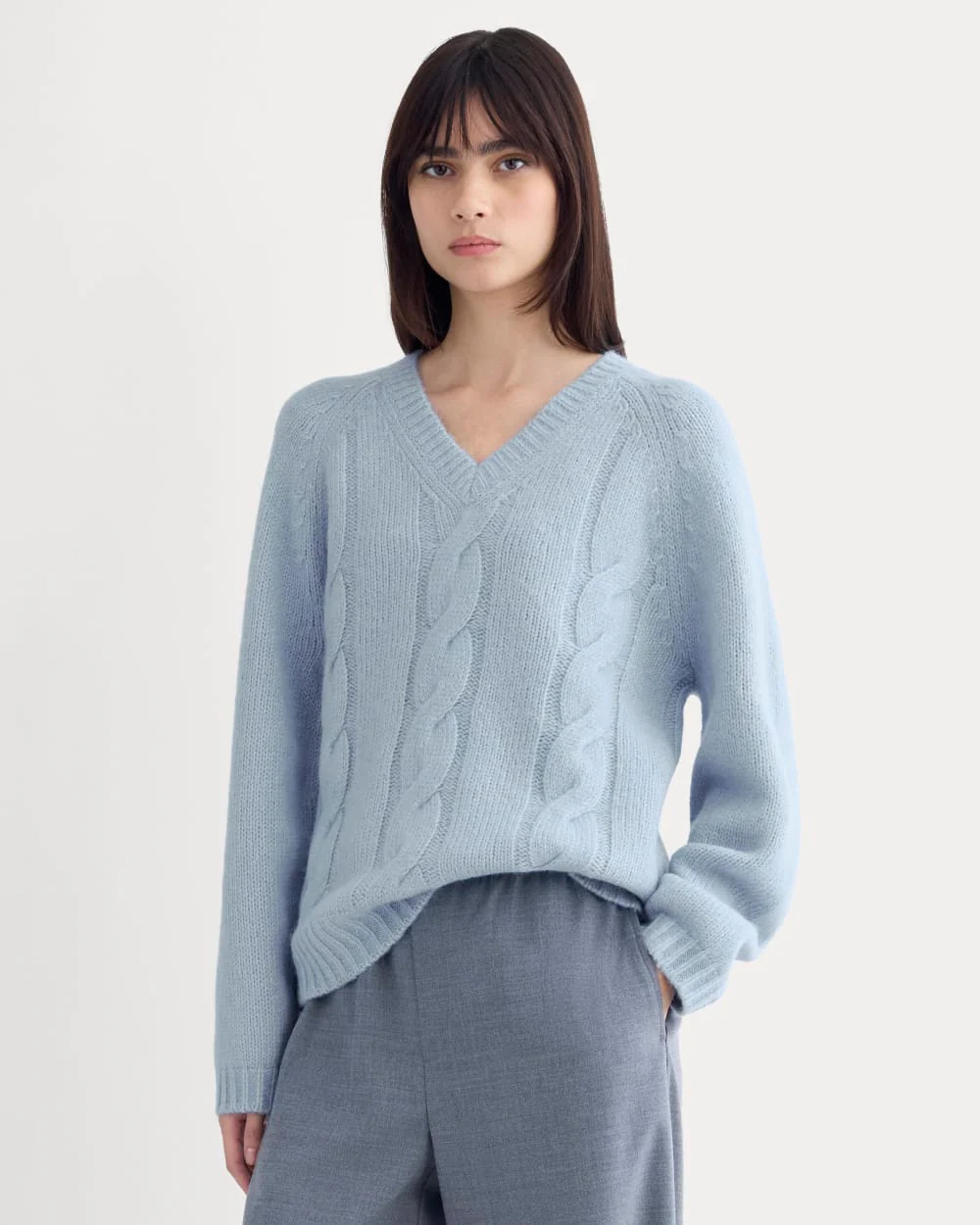 Everlane Cloud Cable V-Neck Sweater In Forever Blue, Size Small, Cotton/Wool | Everlane