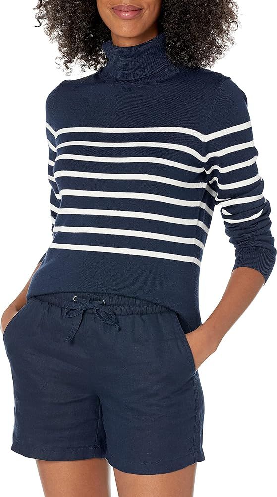 Amazon.com: Amazon Essentials Women's Lightweight Turtleneck Sweater, Black/Caramel Stripe, Small... | Amazon (US)