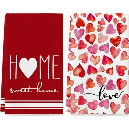 YIBAGA Valentines Day Kitchen Towels Set of 2, Sweet Home Love Dish Towels, Dishcloth Decorations, 18x26 inch, Polyester | Walmart (US)
