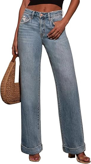 KUNMI Jeans for Women Wide Leg Baggy High Waist Boyfriends Straight Leg Stretchy Denim Pants Tren... | Amazon (US)