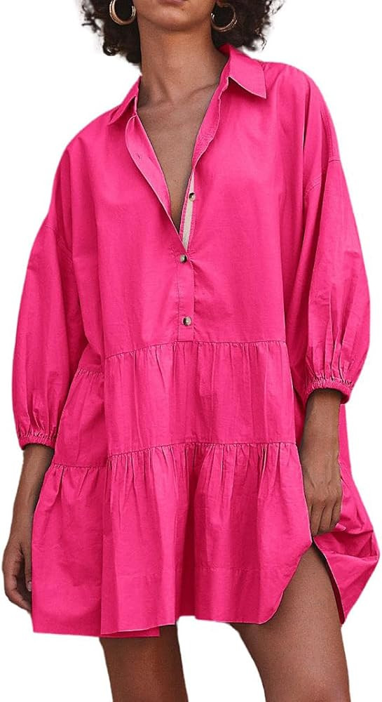 chouyatou Women's Summer Puff Sleeve Tiered Tunic Babydoll Dress Cute Mini Button Down Shirt Dres... | Amazon (US)