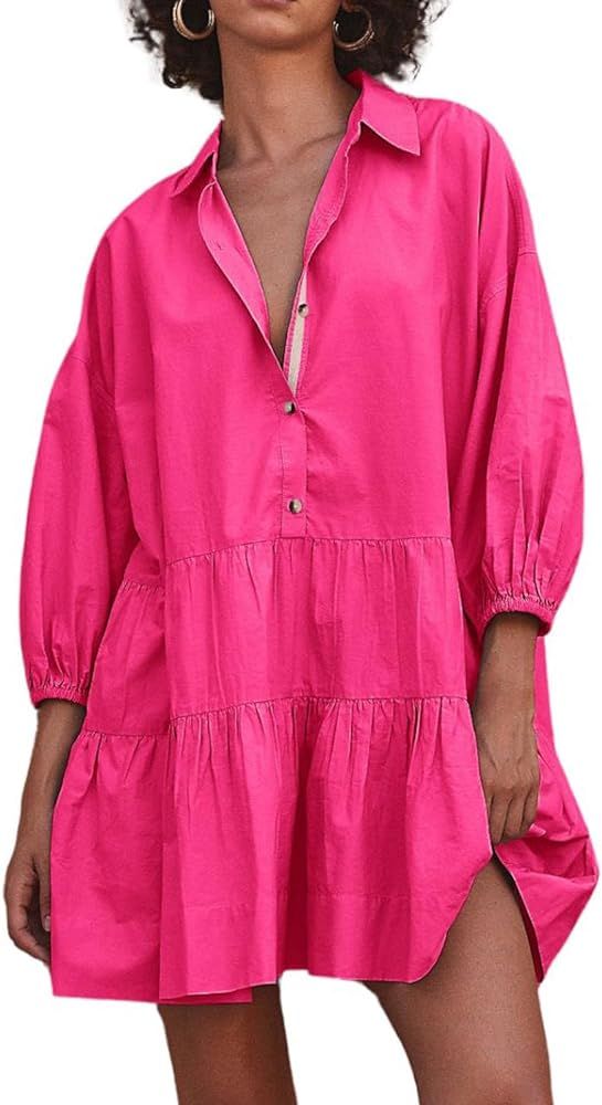 chouyatou Women's Summer Puff Sleeve Tiered Tunic Babydoll Dress Cute Mini Button Down Shirt Dres... | Amazon (US)
