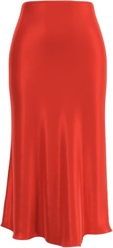 Soowalaoo Womens Red Skirt Midi Long Length Silk Satin High Waisted Elastic Casual Solid Color Skirts L | Amazon (US)