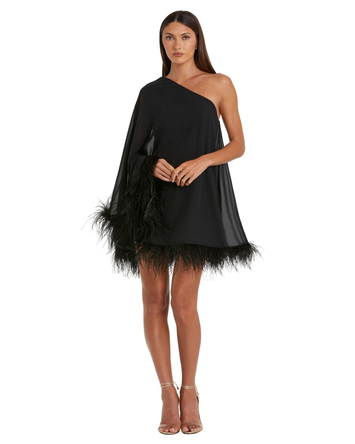 Mac Duggal Women's One Shoulder Trapeze Dress with Feather Trim - Black | Macy's