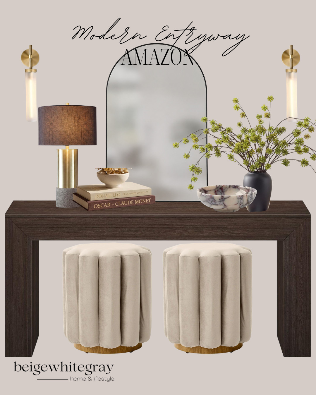 Amazon Modern Entryway:
Amazon entryway decor, Amazon entryway finds, modern entryway ideas, Amazon home finds, entryway styling, console table styling, dark wood console table, arched mirror, black arched mirror, entryway mirror ideas, brass wall sconces, modern sconces, neutral ottomans, entryway stools, console table decor, decorative books, marble bowl decor, black vase, faux greenery stems, neutral home decor, warm modern home, transitional entryway, organic modern entryway, designer inspired Amazon finds, elevated entryway decor

#LTKHome