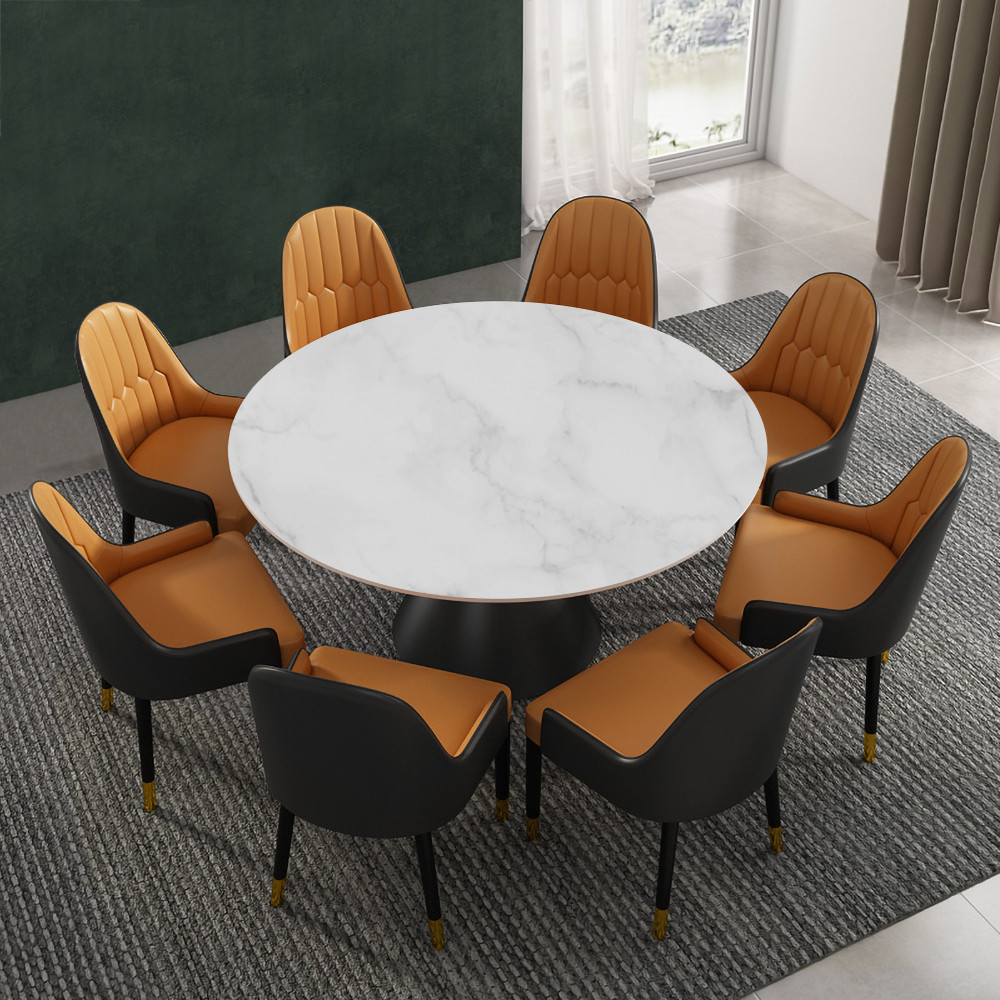 47.2"" Round White Faux Marble Dining Table Black Carbon Steel Base | Homary