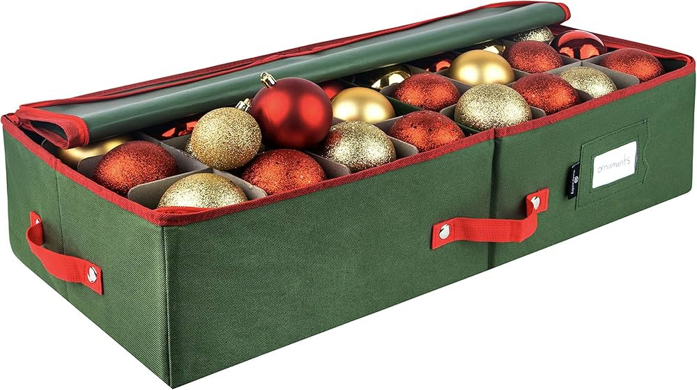 Christmas Ornament Storage - Stores up to 64 Holiday Ornaments Adjustable Dividers Covered Top an... | Amazon (US)