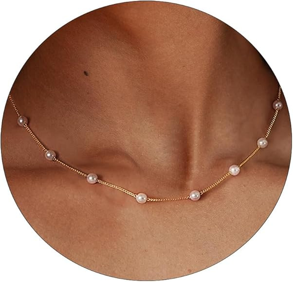 Pearl Necklace for Women, Dainty 14K Gold/Silver Plated Pearl Necklace Simple White Pearls Choker... | Amazon (US)