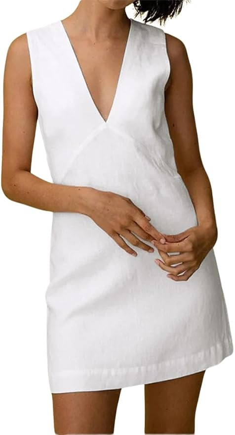 Women's Summer Sleeveless Mini Dress Cotton Linen V Neck Cinched A Line Slim Tank Short Dress | Amazon (US)