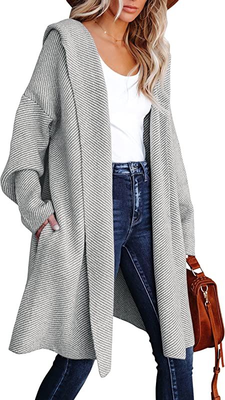 ANRABESS Women‘s Casual Long Sleeve Open Front Hooded Cardigan Sweater Oversized Striped Knitte... | Amazon (US)