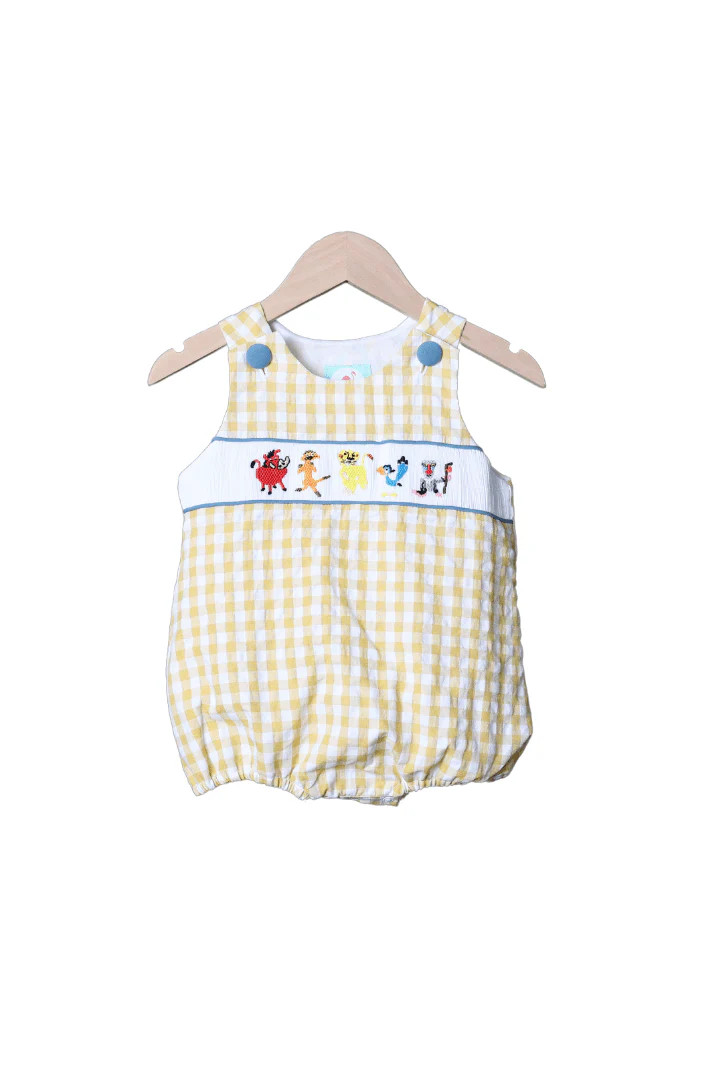 Smocked Lion Friends Yellow Seersucker Bubble | The Smocked Flamingo